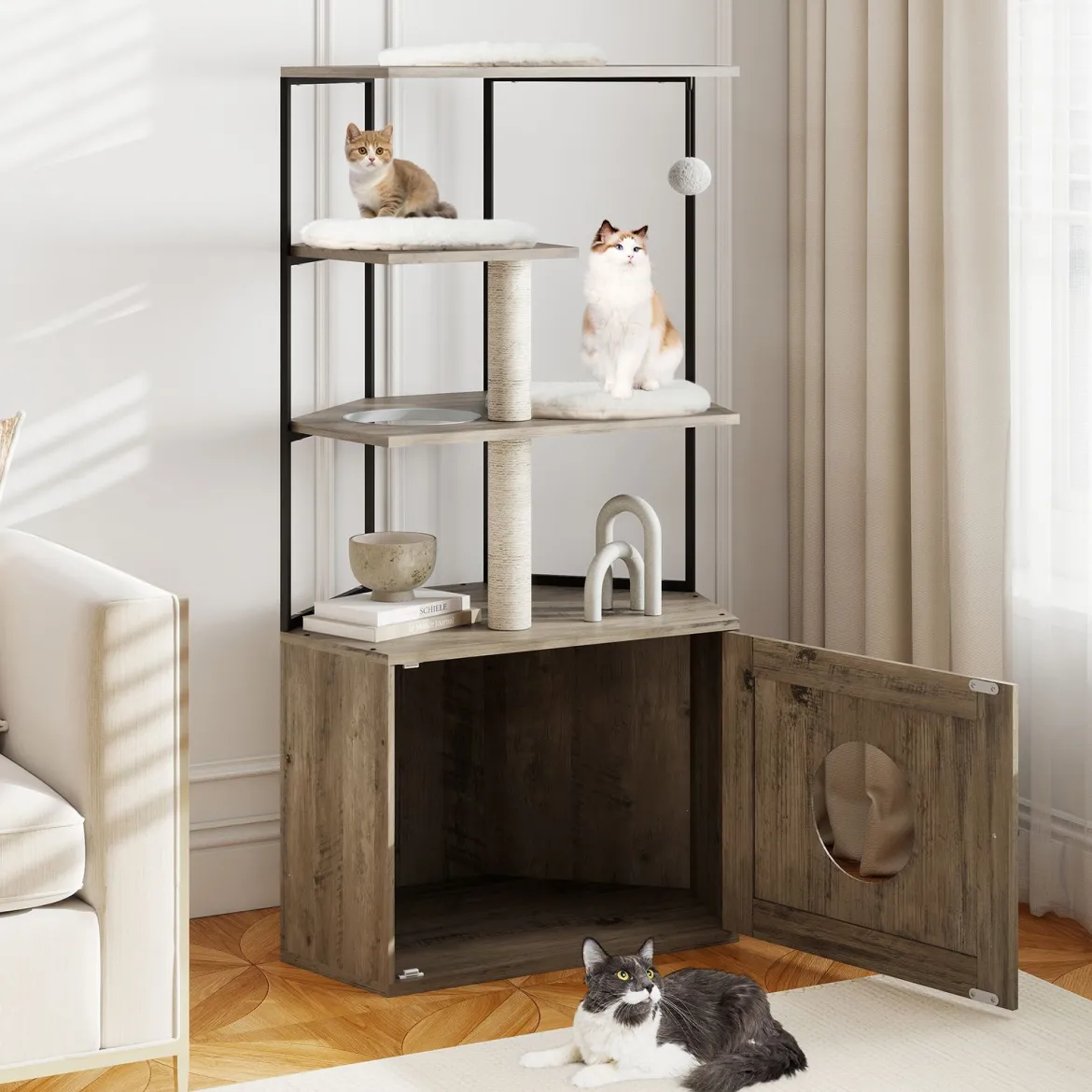 Kratzbaum mit Katzenklo Schrank & Katzenloch & Matten Katzenschrank für Katzentoilette Katzenmöbel