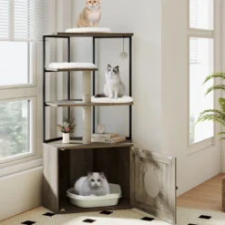 Kratzbaum mit Katzenklo Schrank & Katzenloch & Matten Katzenschrank für Katzentoilette Katzenmöbel