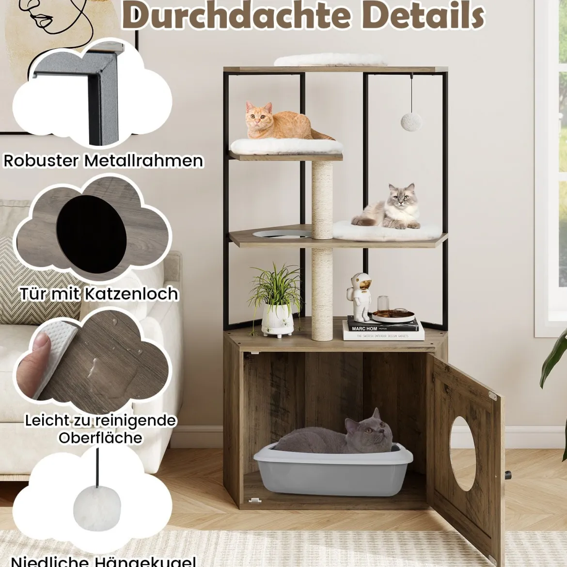 Kratzbaum mit Katzenklo Schrank & Katzenloch & Matten Katzenschrank für Katzentoilette Katzenmöbel