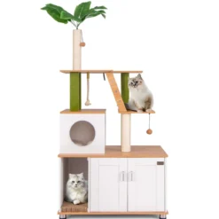 Kratzbaum mit Katzenschrank & Höhle & Kratzbrett & Kunstpflanze Katzenbaum Katzenhaus