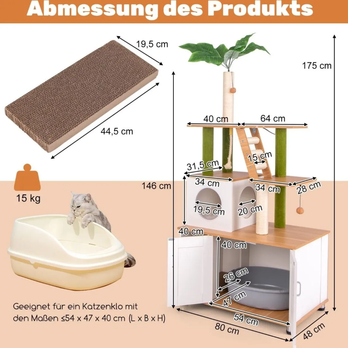 Kratzbaum mit Katzenschrank & Höhle & Kratzbrett & Kunstpflanze Katzenbaum Katzenhaus