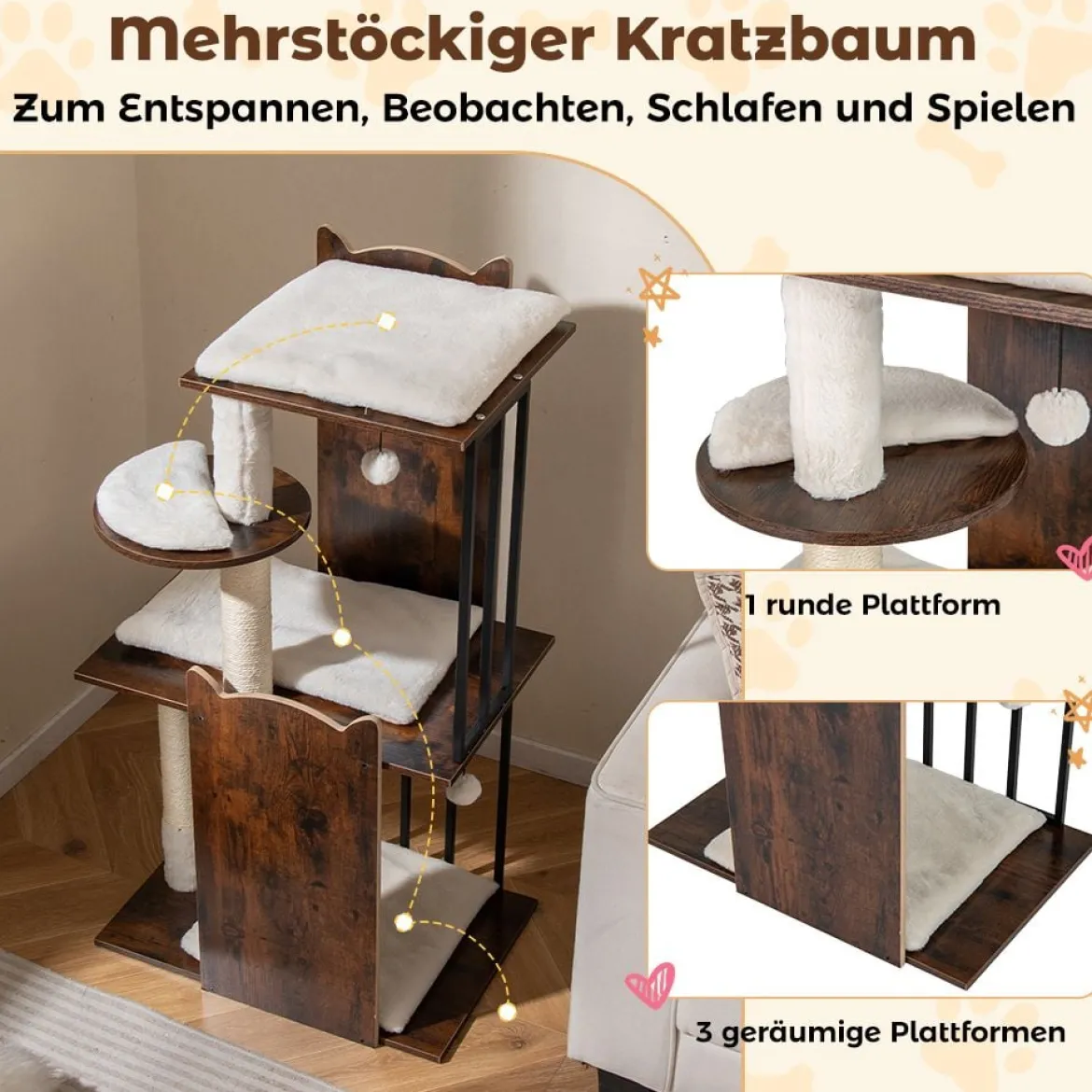 Kratzbaum mit Kratzsäulen & 4 Plattformen & Bällen & Abnehmbaren Kissens Katzenbaum 112 cm