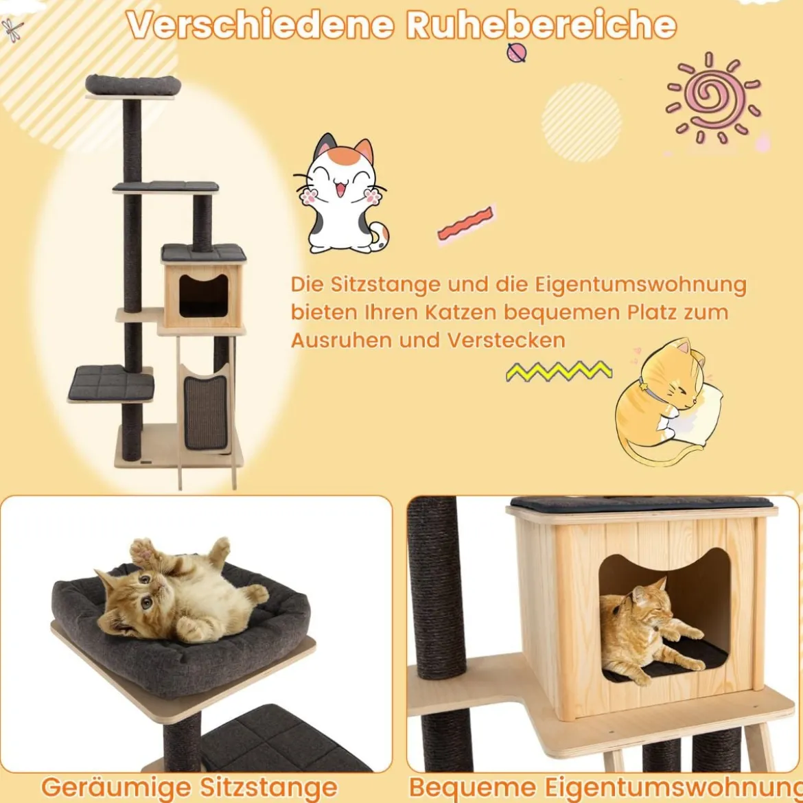 Kratzbaum mit Sisalstämmen & Kratzbrett moderner 6-stöckiger mit geräumiger Höhle & Sitzstange Grau