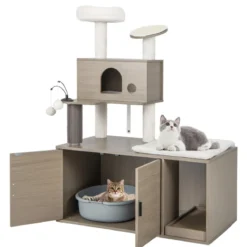Kratzbaum mit Toilettenschrank moderner 2-in-1-Katzenturm mit Höhle 95 x 55,5 x 132 cm Grau