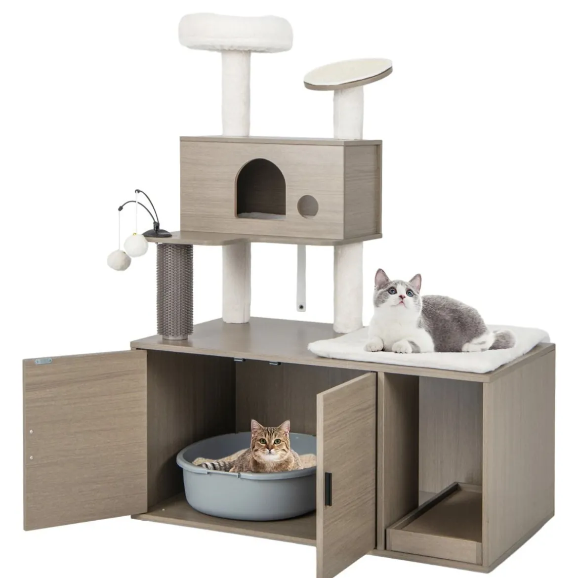 Kratzbaum mit Toilettenschrank moderner 2-in-1-Katzenturm mit Höhle 95 x 55,5 x 132 cm Grau