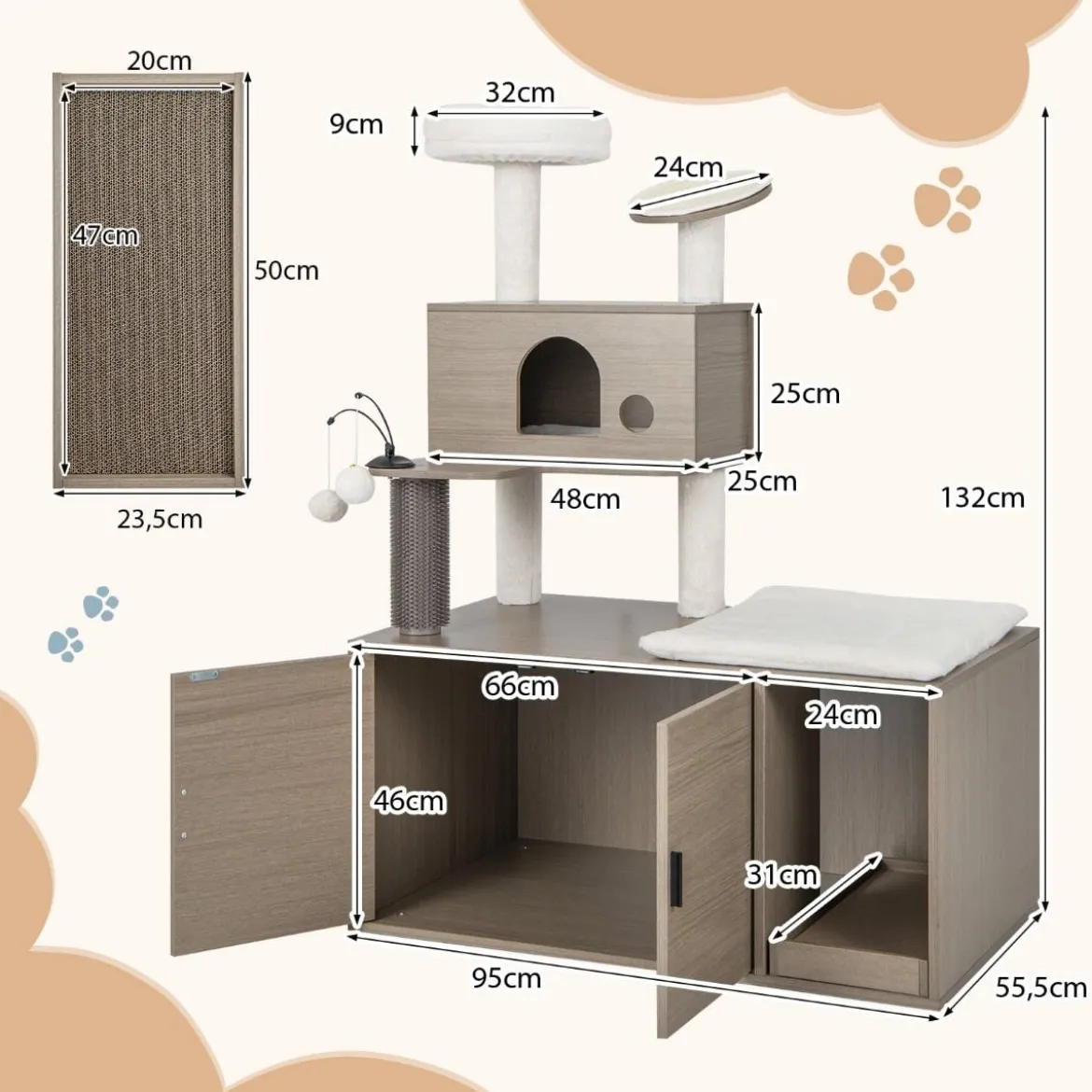 Kratzbaum mit Toilettenschrank moderner 2-in-1-Katzenturm mit Höhle 95 x 55,5 x 132 cm Grau