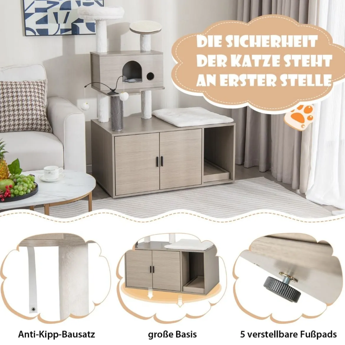 Kratzbaum mit Toilettenschrank moderner 2-in-1-Katzenturm mit Höhle 95 x 55,5 x 132 cm Grau