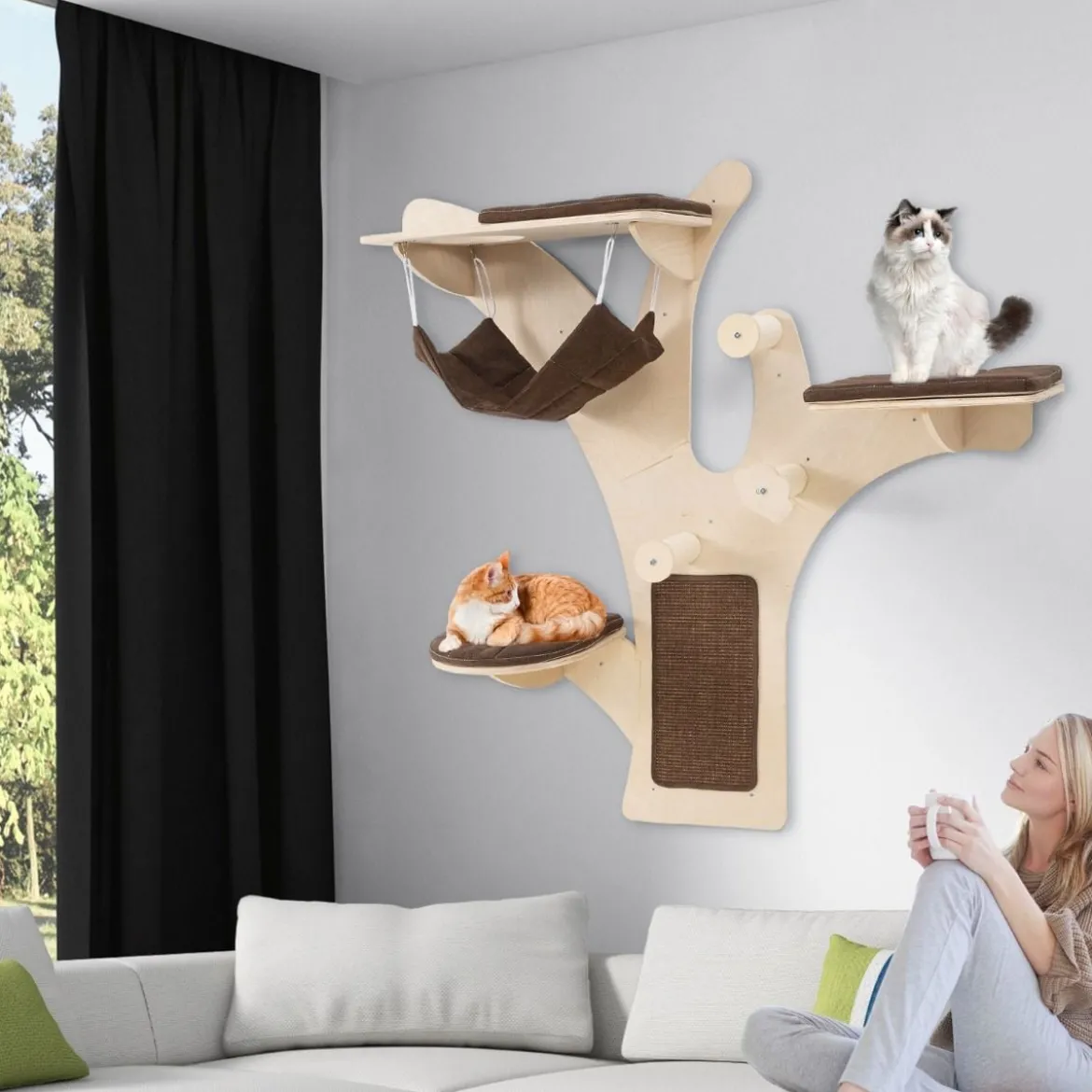 Kratzbaum Wand Katzenwand mit Plattformen Hängematte Kratzpfosten Braun