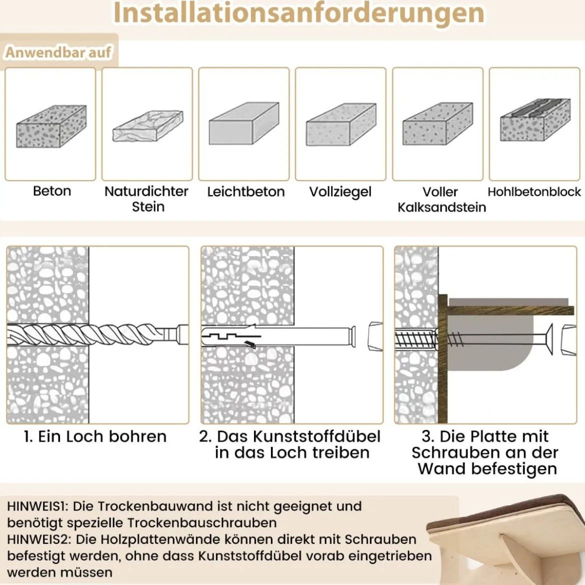 Kratzbaum Wand Katzenwand mit Plattformen Hängematte Kratzpfosten Braun