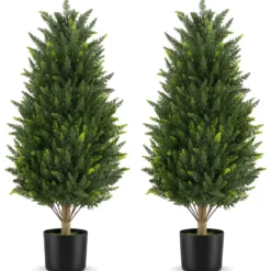 Kunstbaum Zypresse 92 cm Kunstpflanze mit Moos & Zement Gefülltem Topf wetterfest 2 Stücke