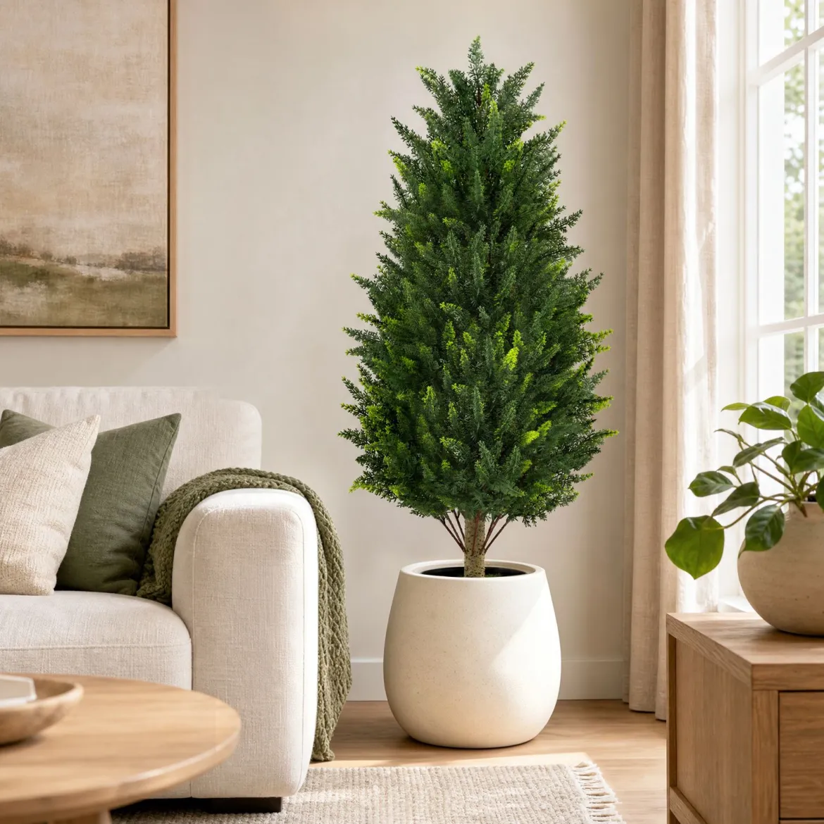 Kunstbaum Zypresse 92 cm Kunstpflanze mit Moos & Zement Gefülltem Topf wetterfest 2 Stücke