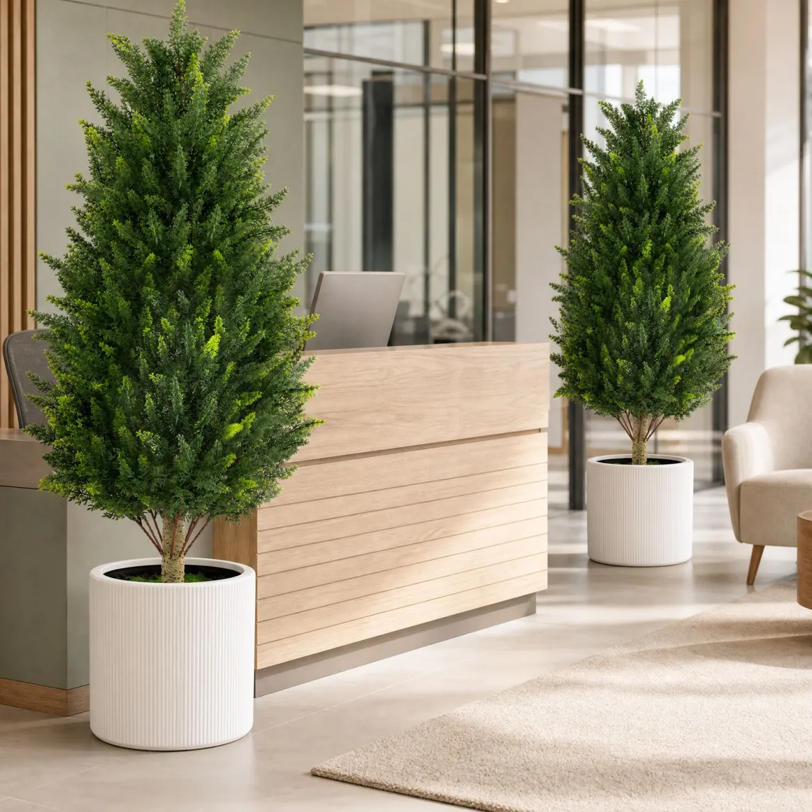 Kunstbaum Zypresse 92 cm Kunstpflanze mit Moos & Zement Gefülltem Topf wetterfest 2 Stücke