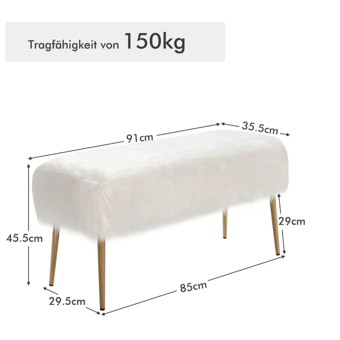 Kunstfell Schminkhocker mit Goldenen Beinen Ottomane für Eingangsbereich & Schlafzimmer Weiß