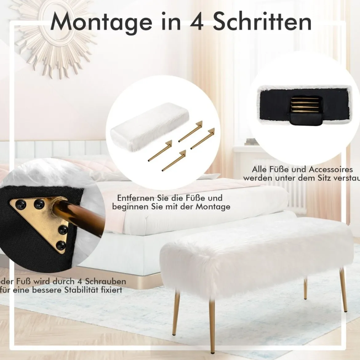 Kunstfell Schminkhocker mit Goldenen Beinen Ottomane für Eingangsbereich & Schlafzimmer Weiß
