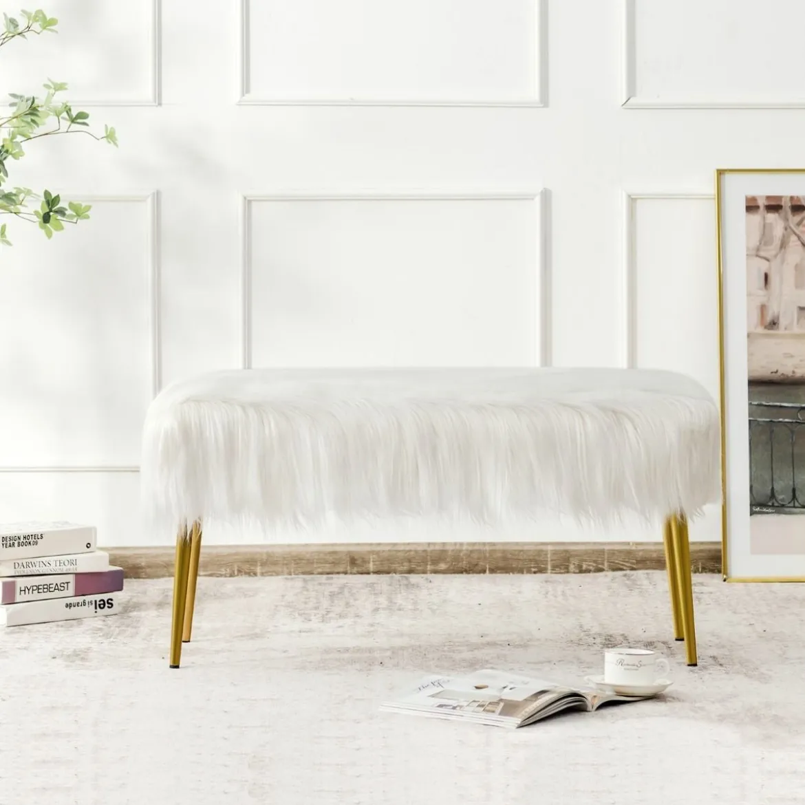 Kunstfell Schminkhocker mit Goldenen Beinen Ottomane für Eingangsbereich & Schlafzimmer Weiß