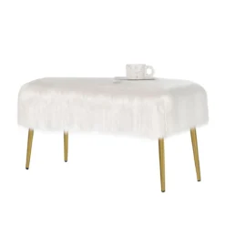 Kunstfell Schminkhocker mit Goldenen Beinen Ottomane für Eingangsbereich & Schlafzimmer Weiß