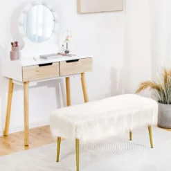 Kunstfell Schminkhocker mit Goldenen Beinen Ottomane für Eingangsbereich & Schlafzimmer Weiß