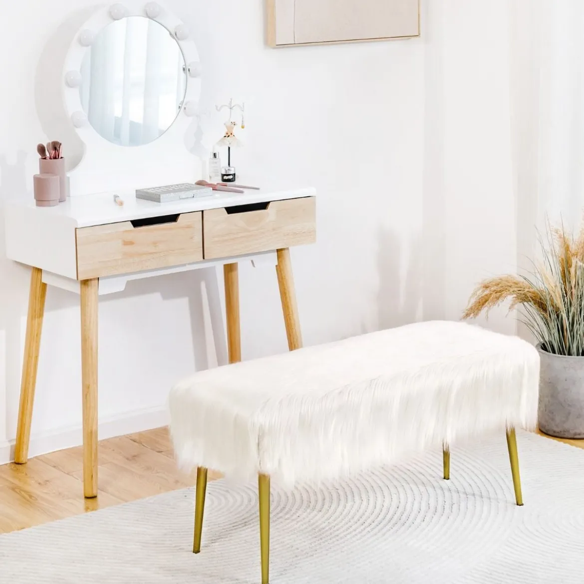 Kunstfell Schminkhocker mit Goldenen Beinen Ottomane für Eingangsbereich & Schlafzimmer Weiß