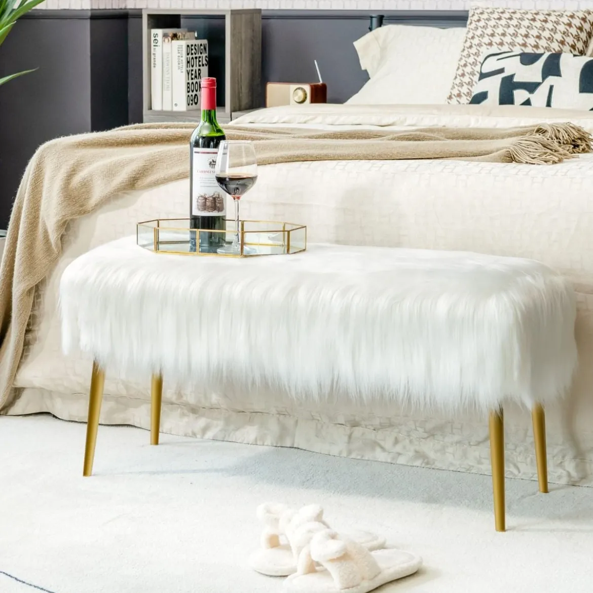 Kunstfell Schminkhocker mit Goldenen Beinen Ottomane für Eingangsbereich & Schlafzimmer Weiß