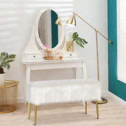 Kunstfell Schminkhocker mit Goldenen Beinen Ottomane für Eingangsbereich & Schlafzimmer Weiß
