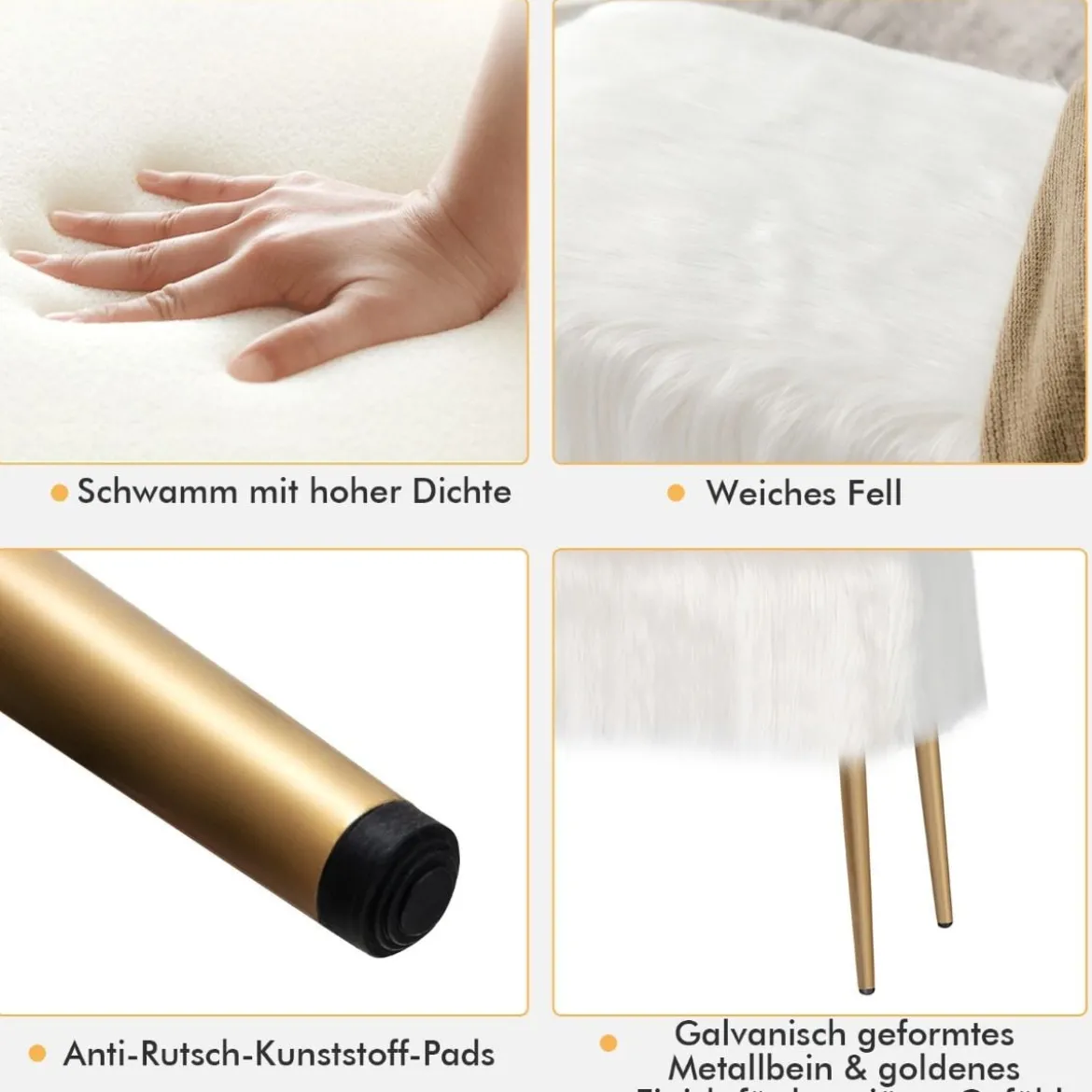 Kunstfell Schminkhocker mit Goldenen Beinen Ottomane für Eingangsbereich & Schlafzimmer Weiß
