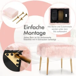 Kunstfell Schminkhocker Ottomane Sitzbank mit goldenen Beinen Sitzhocker Rosa 51 x 41 cm