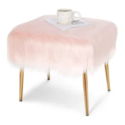 Kunstfell Schminkhocker Ottomane Sitzbank mit goldenen Beinen Sitzhocker Rosa 51 x 41 cm