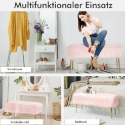 Kunstfell Schminkhocker Ottomane Sitzbank mit goldenen Beinen Sitzhocker Rosa 91 x 35,5 cm