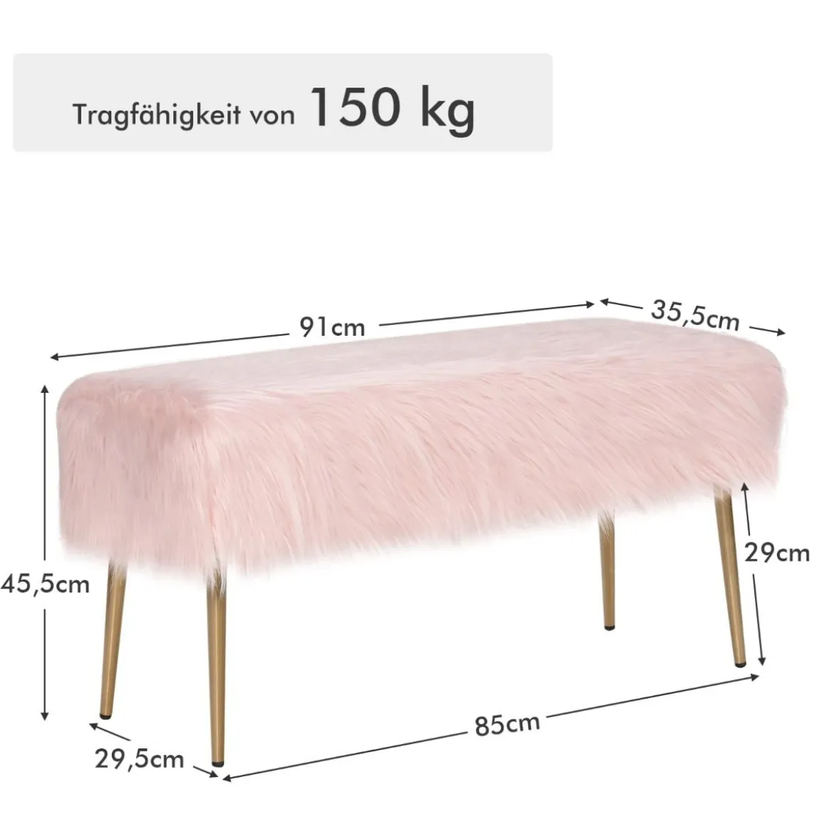 Kunstfell Schminkhocker Ottomane Sitzbank mit goldenen Beinen Sitzhocker Rosa 91 x 35,5 cm