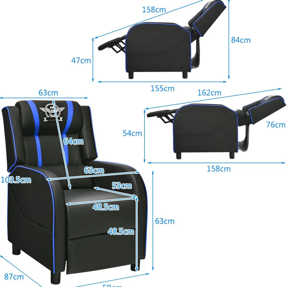Kunstledersessel Gaming-Ruhesessel verstellbarer Wohnzimmersessel Blau
