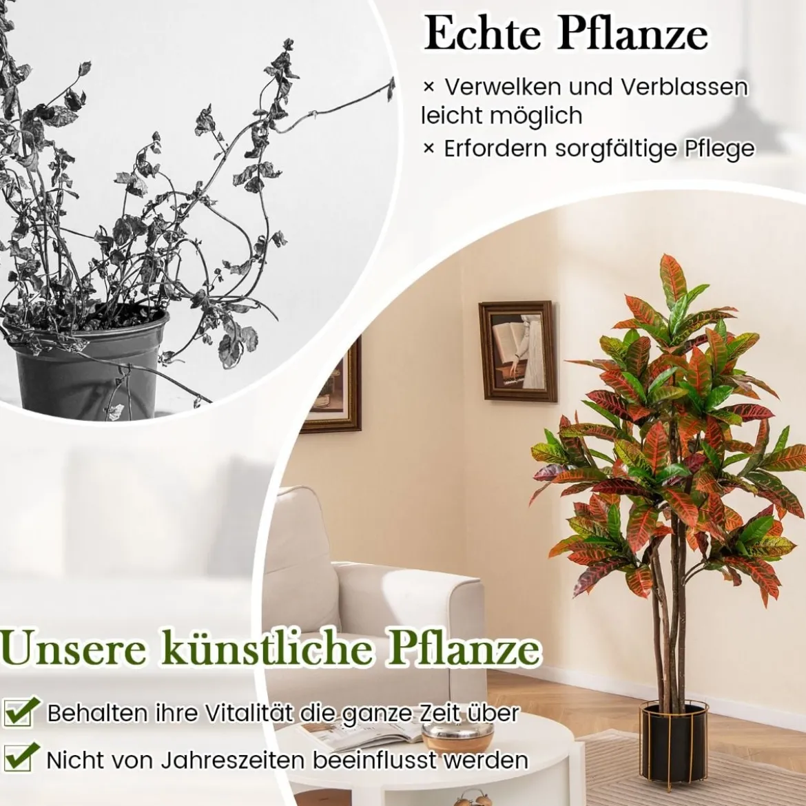Kunstpflanze 150cm Künstliche Pflanze Kroton Palmenbaum mit bunten Blättern