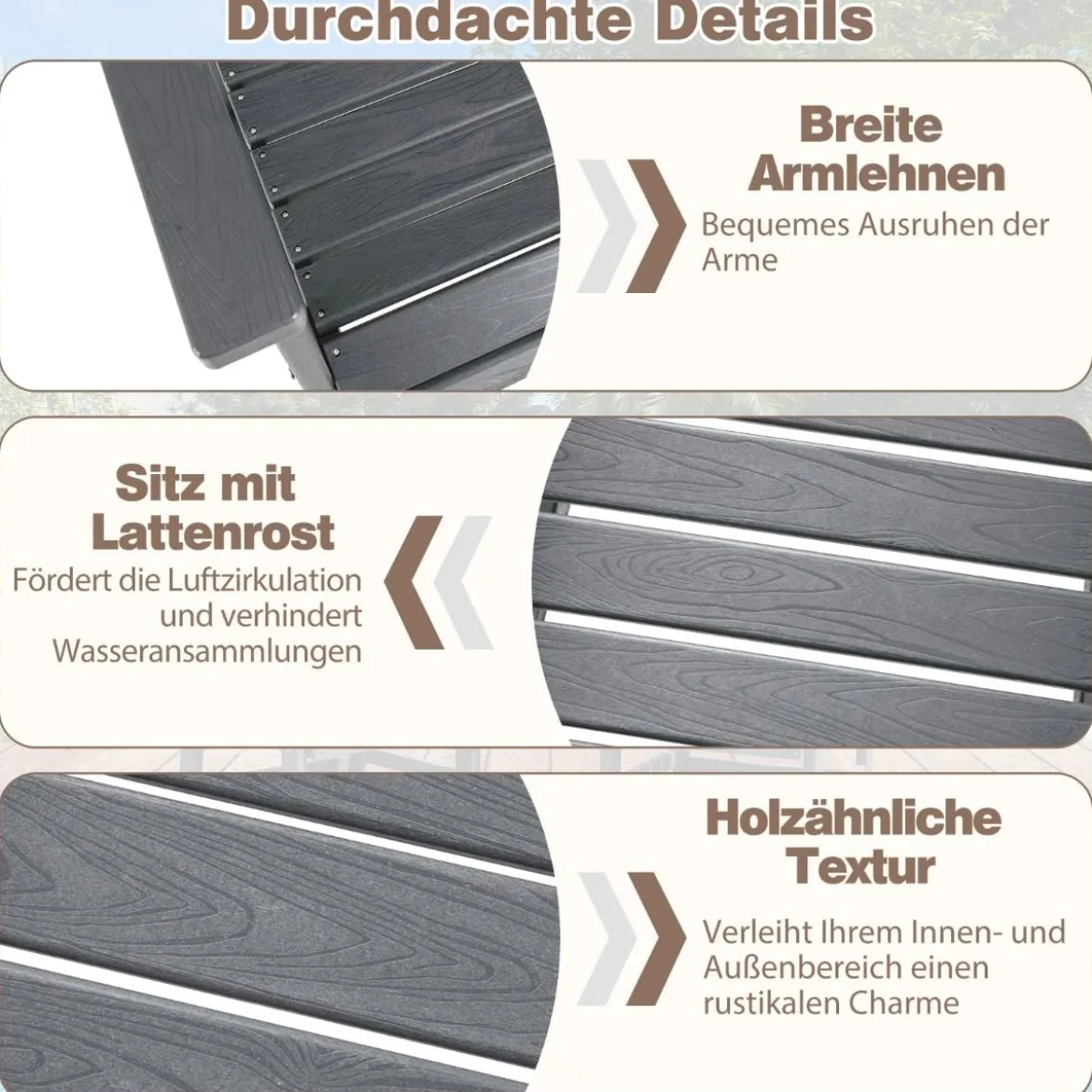 Kunststoff Gartenstuhl Wetterfester Balkonstuhl Gartensessel in Holzoptik Grau