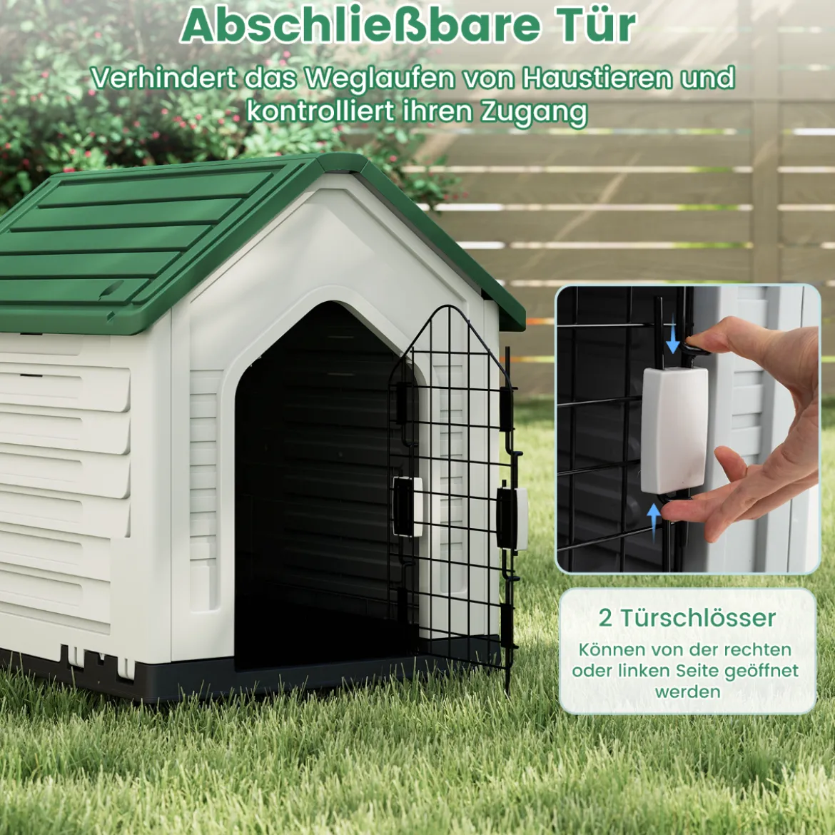 Kunststoff-Hundehütte Tierunterkunft mit abschließbarer Metalltür Belüftungsschlitzen & geneigtem Dach