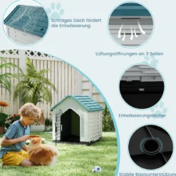 Kunststoff-Hundehütte Tierunterkunft mit abschließbarer Metalltür Belüftungsschlitzen & geneigtem Dach