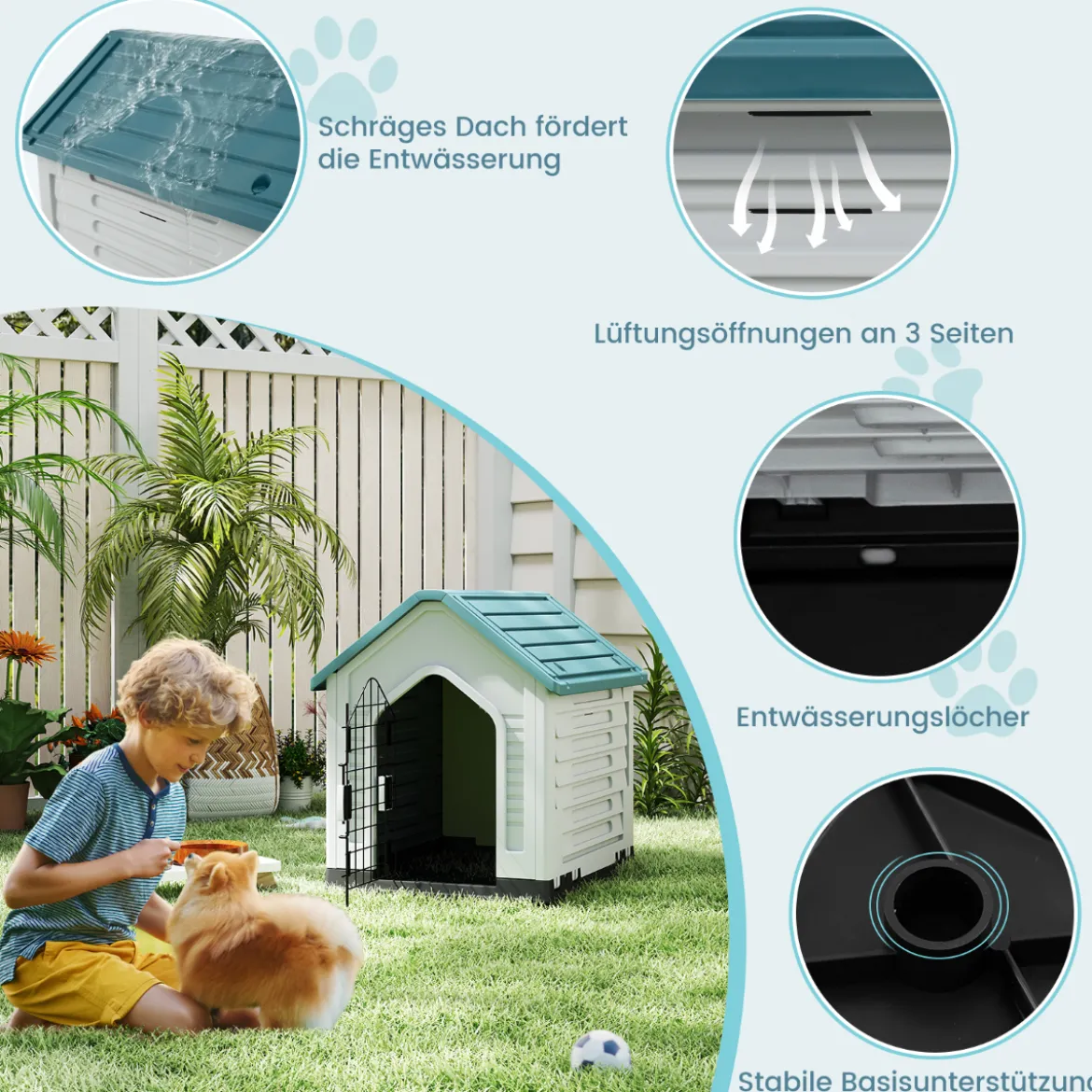 Kunststoff-Hundehütte Tierunterkunft mit abschließbarer Metalltür Belüftungsschlitzen & geneigtem Dach