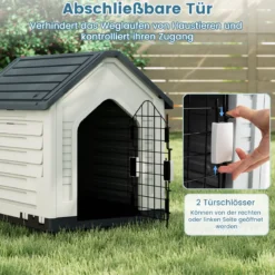 Kunststoff-Hundehütte Tierunterkunft mit abschließbarer Metalltür Belüftungsschlitzen & geneigtem Dach