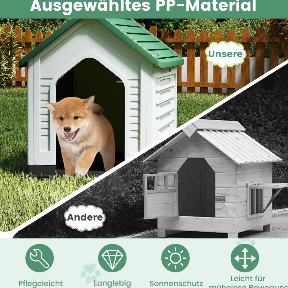 Kunststoff-Hundehütte Tierunterkunft mit abschließbarer Metalltür Belüftungsschlitzen & geneigtem Dach