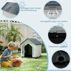 Kunststoff-Hundehütte Tierunterkunft mit abschließbarer Metalltür Belüftungsschlitzen & geneigtem Dach