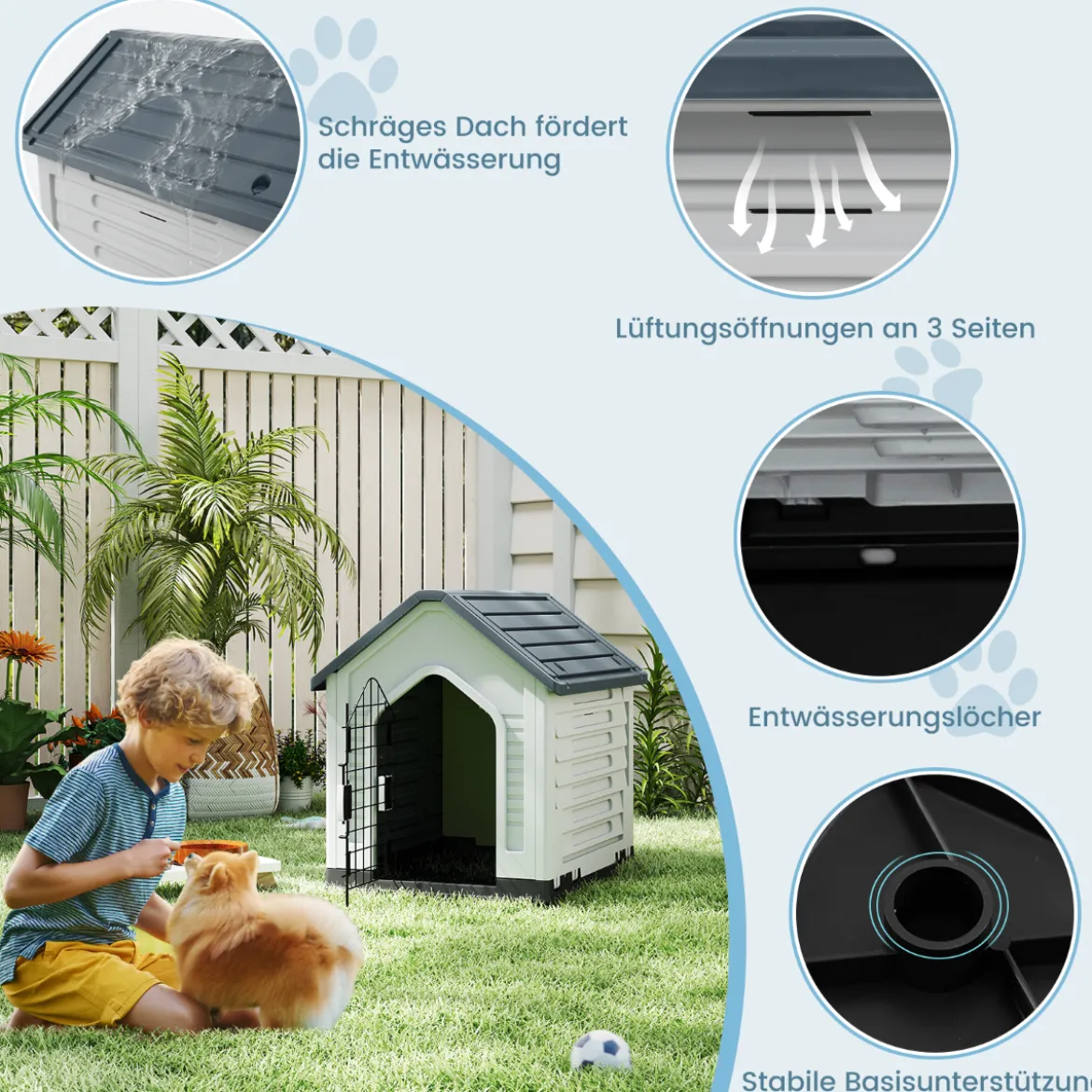 Kunststoff-Hundehütte Tierunterkunft mit abschließbarer Metalltür Belüftungsschlitzen & geneigtem Dach
