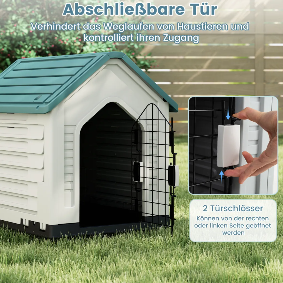 Kunststoff-Hundehütte Tierunterkunft mit abschließbarer Metalltür Belüftungsschlitzen & geneigtem Dach