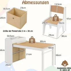 Kunsttisch- und Stuhlset für Kinder Zeichentisch mit 2 Stühlen Papierrolle und Papierrollenhalter Grau/Natur/Weiß