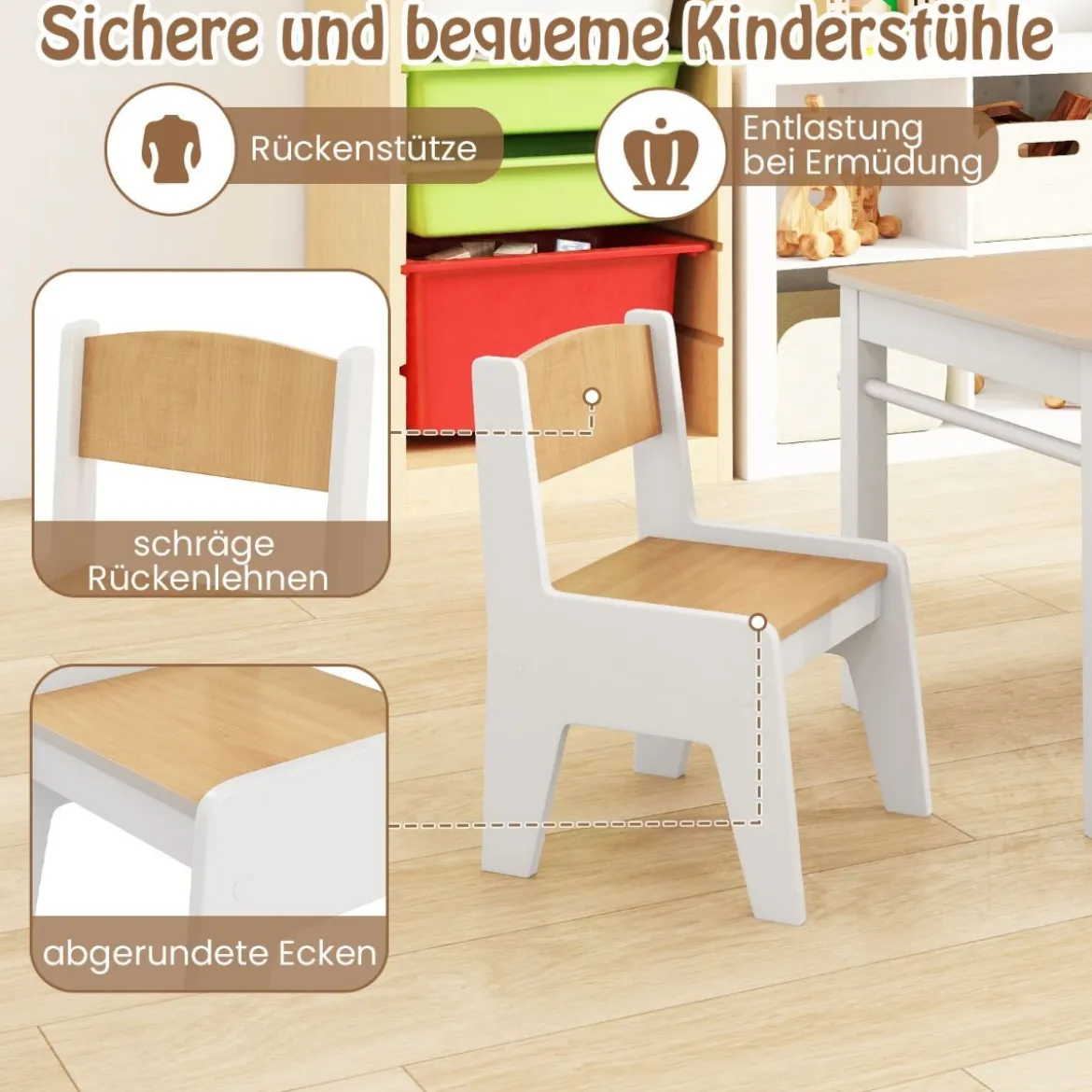 Kunsttisch- und Stuhlset für Kinder Zeichentisch mit 2 Stühlen Papierrolle und Papierrollenhalter Grau/Natur/Weiß