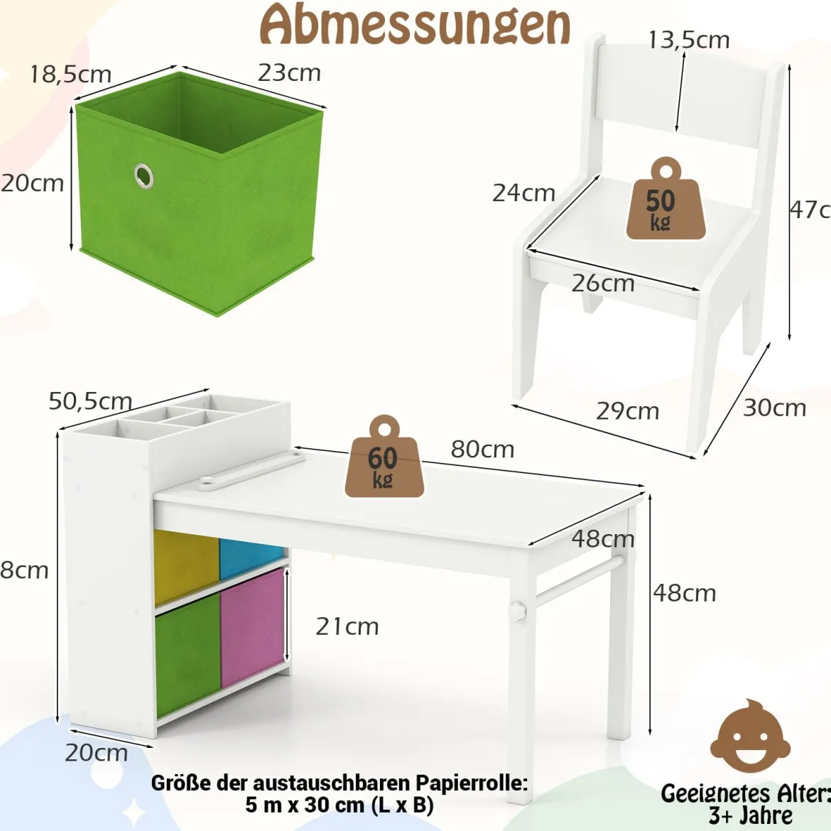 Kunsttisch- und Stuhlset für Kinder Zeichentisch mit 2 Stühlen Papierrolle und Papierrollenhalter Grau/Natur/Weiß