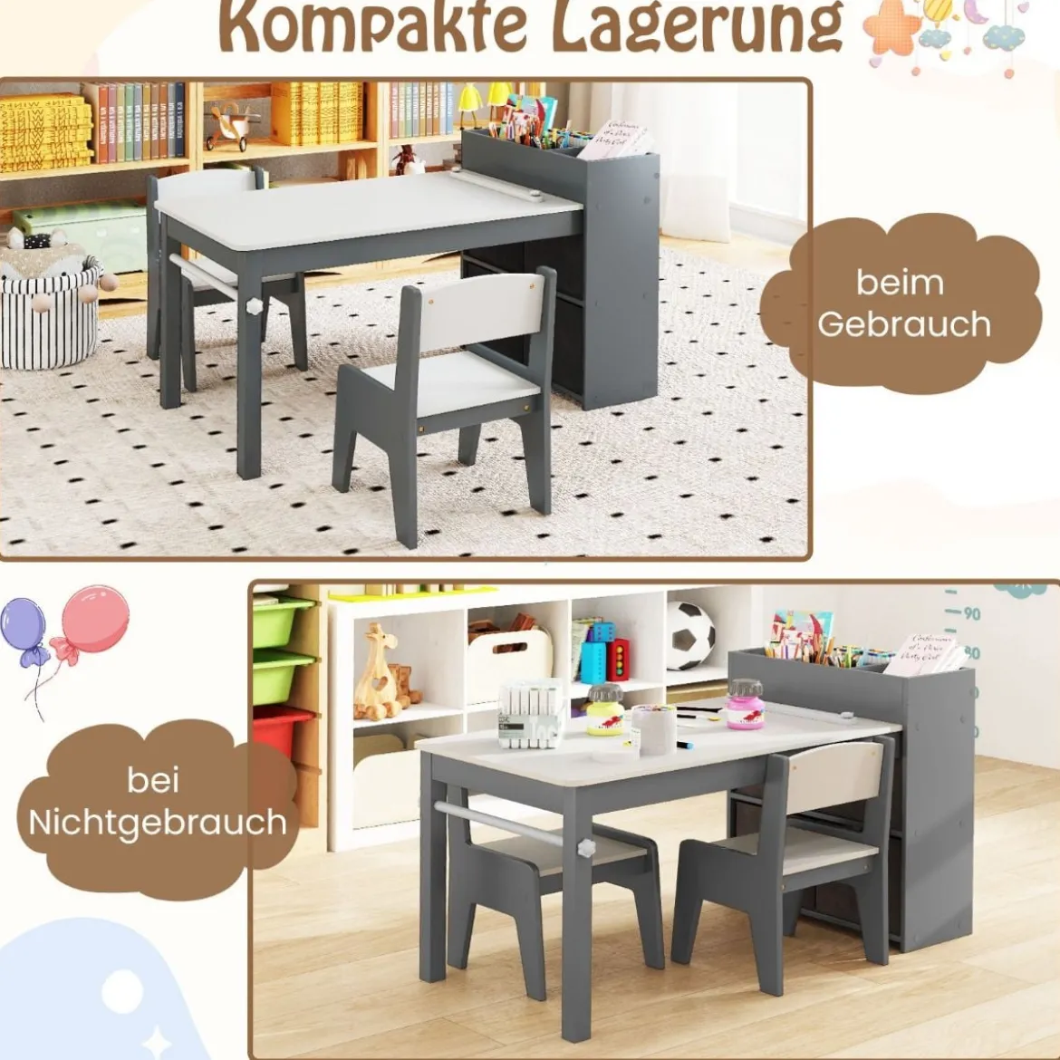 Kunsttisch- und Stuhlset für Kinder Zeichentisch mit 2 Stühlen Papierrolle und Papierrollenhalter Grau/Natur/Weiß