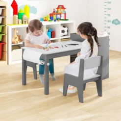 Kunsttisch- und Stuhlset für Kinder Zeichentisch mit 2 Stühlen Papierrolle und Papierrollenhalter Grau/Natur/Weiß
