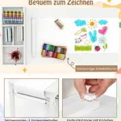 Kunsttisch- und Stuhlset für Kinder Zeichentisch mit 2 Stühlen Papierrolle und Papierrollenhalter Grau/Natur/Weiß