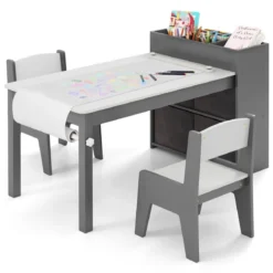 Kunsttisch- und Stuhlset für Kinder Zeichentisch mit 2 Stühlen Papierrolle und Papierrollenhalter Grau/Natur/Weiß