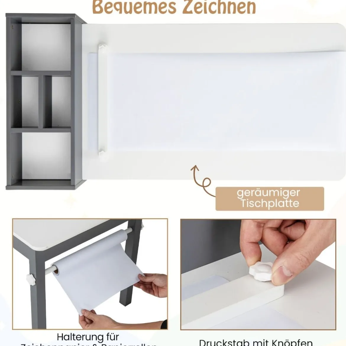 Kunsttisch- und Stuhlset für Kinder Zeichentisch mit 2 Stühlen Papierrolle und Papierrollenhalter Grau/Natur/Weiß