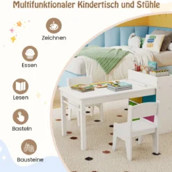 Kunsttisch- und Stuhlset für Kinder Zeichentisch mit 2 Stühlen Papierrolle und Papierrollenhalter Grau/Natur/Weiß