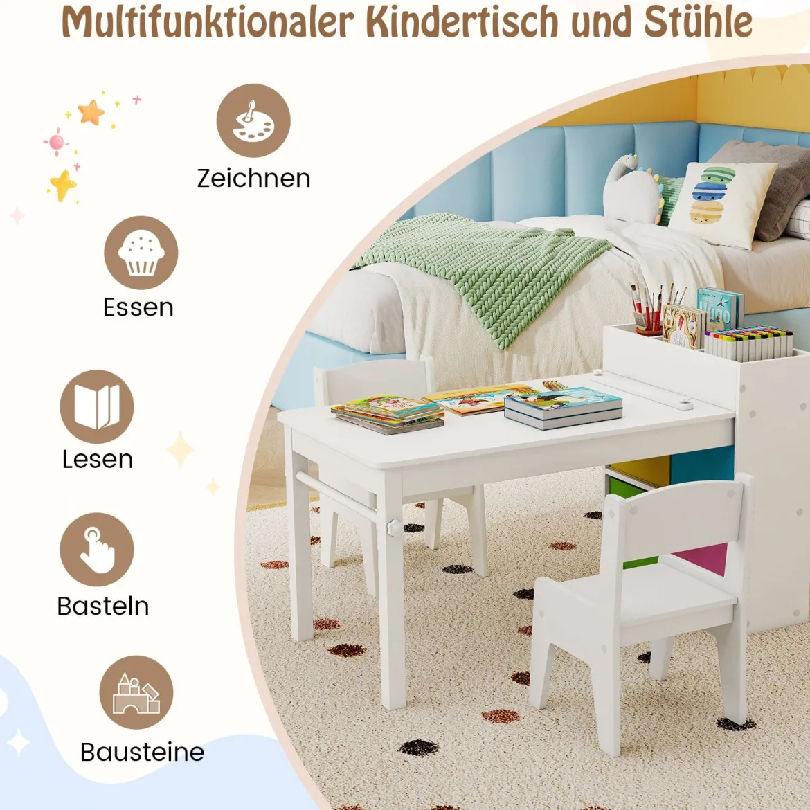 Kunsttisch- und Stuhlset für Kinder Zeichentisch mit 2 Stühlen Papierrolle und Papierrollenhalter Grau/Natur/Weiß